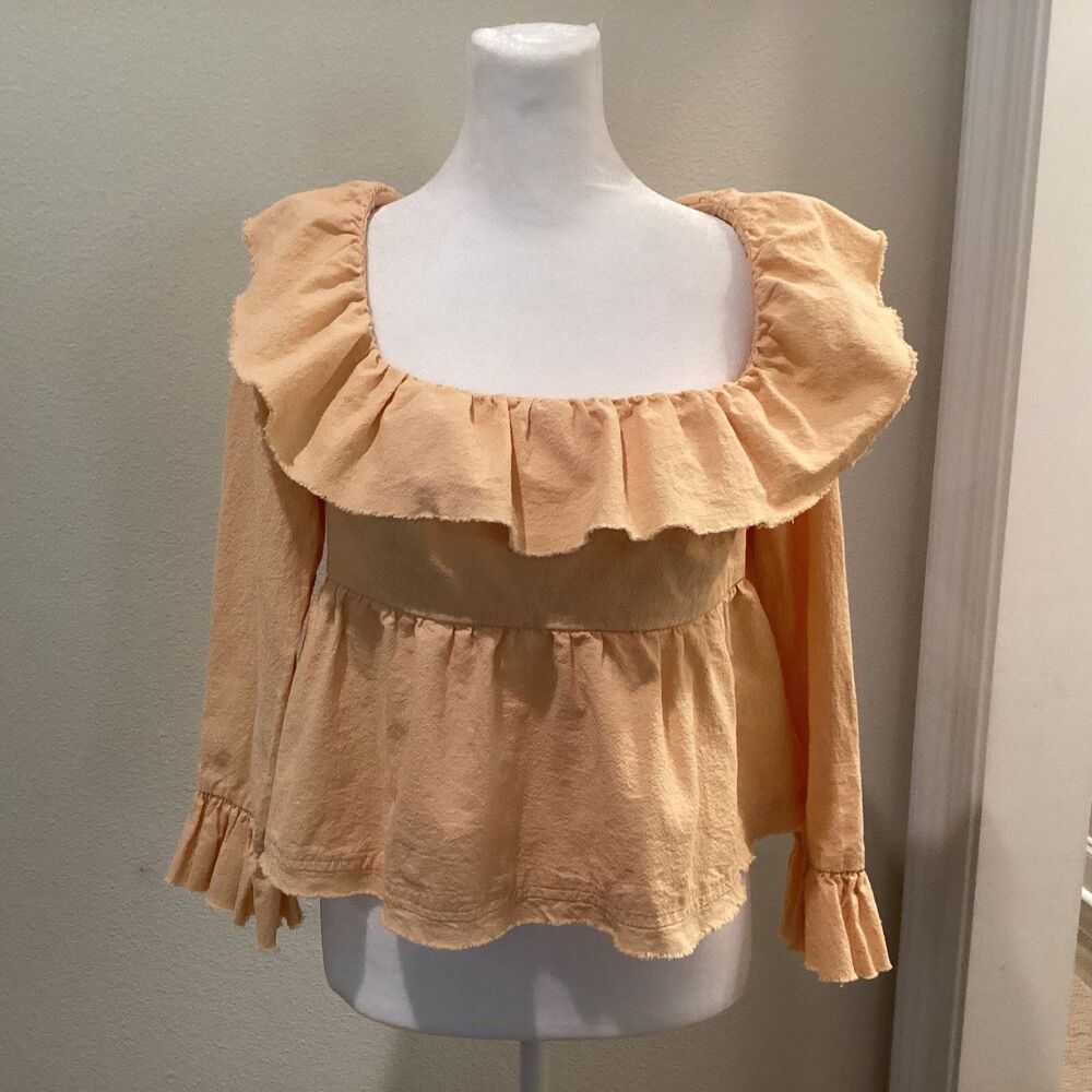 Free People Zuri Open-Back Ruffle Trim Puff Sleeve Blouse Pumpkin Light Orange S